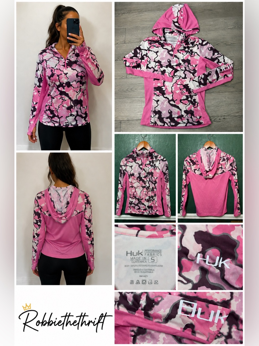 Huk Women's Pink Camo Performance 1/4 Zip Hooded Fishing Shirt Size Small